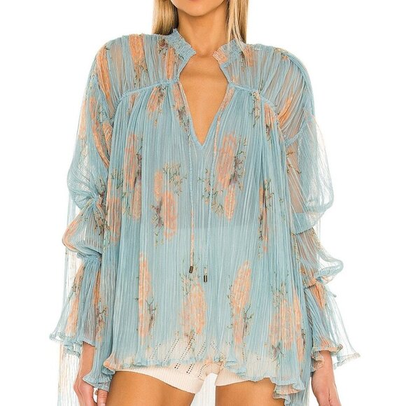 Free People Dhalia Tunic Blue and Orange Top Dress size small boho romantic - Picture 16 of 16